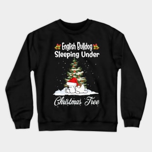 English Bulldog Sleeping Under Christmas Tree Funny Xmas Crewneck Sweatshirt